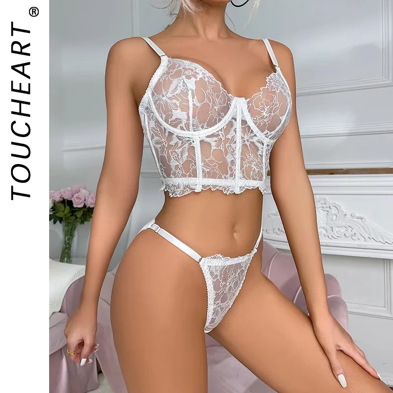 Toucheart Sexy Lingerie Set See-through Embroidered Underwired Fishbone Extended Vest Bra Briefs Beautiful Back Sexy Underwear