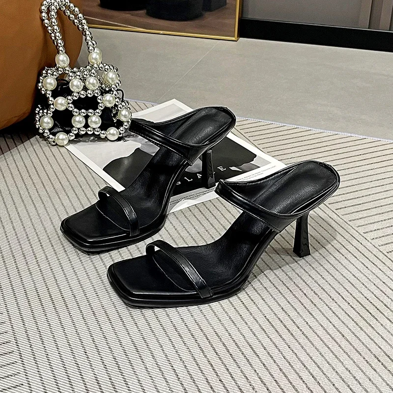 Beautiful High-heeled Sandals for Women's Summer Wear 2025 New Black One-word with Thin Heels and Cool Slippers for Women