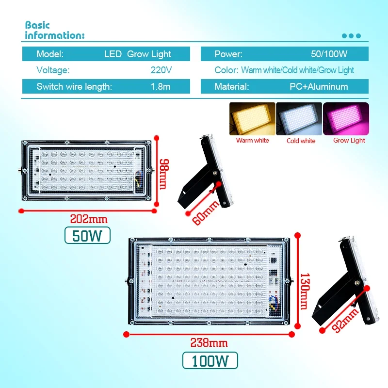 LED Grow Light Indoor Culture Lamp Led Full Spectrum 220V 50W 100W Floodlight Phyto Light Greenhouse Seeds Flower Grow Lighting