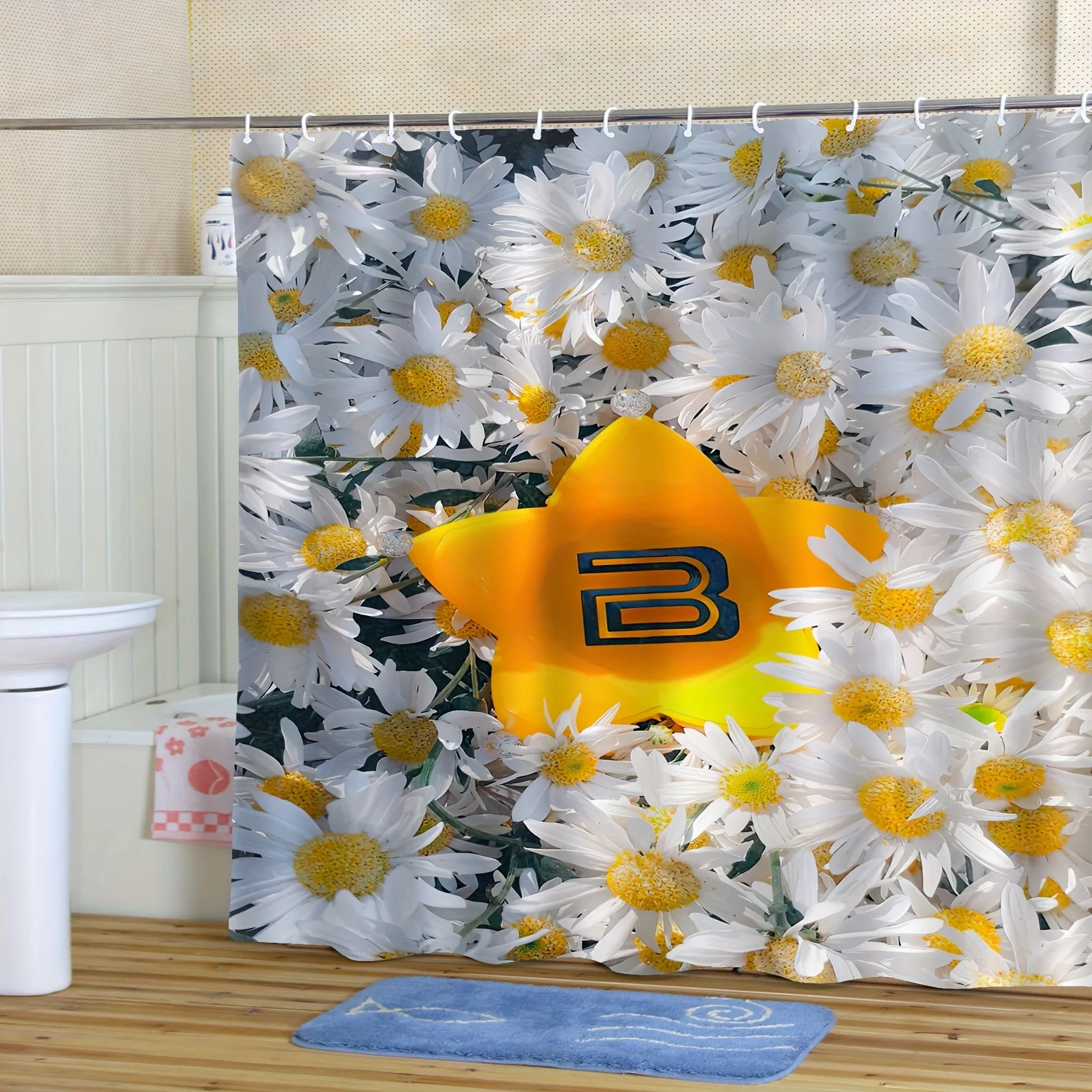

Современная скандинавская полиэстеровая занавеска для душа, милый мультяшный дизайн с ромашками, желтый и белый, можно стирать в машине, крючки в комплекте, декор для ванной комнаты