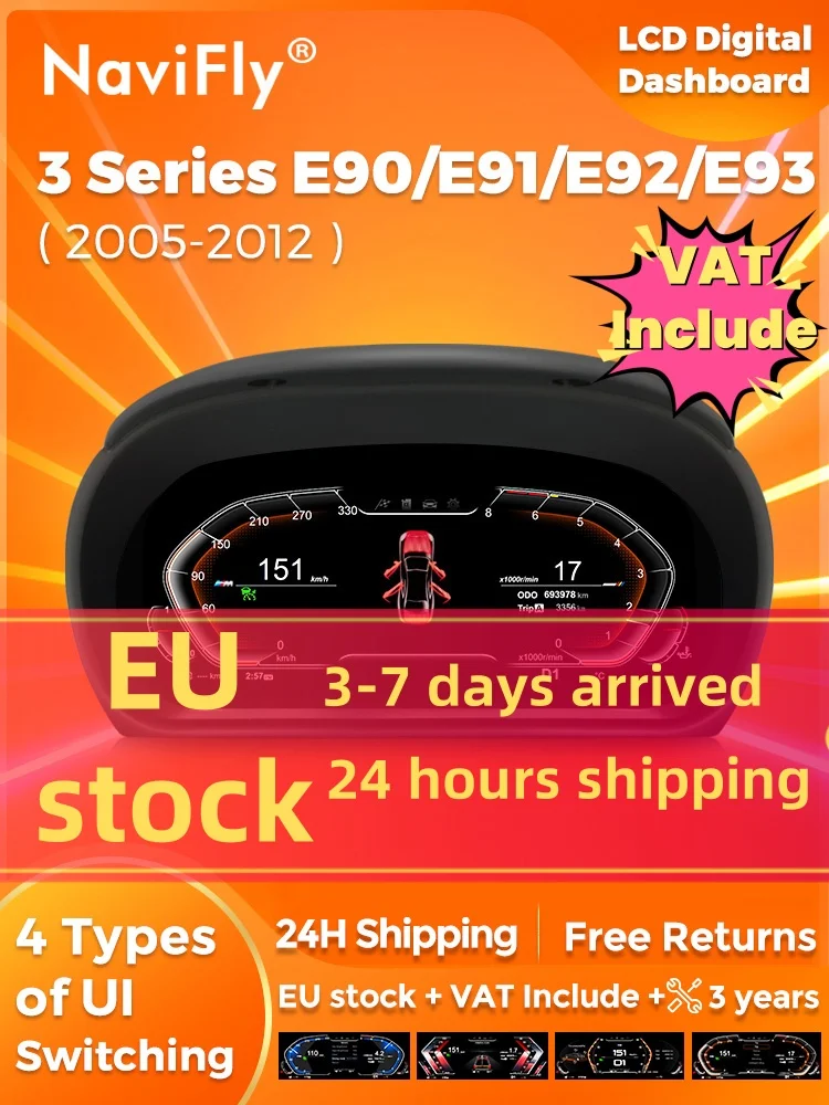 NaviFly EU Stock 11-inch Linux-systeem voor BMW 3-serie E90 E91 E92 E93 CCC CIC 2005-2012 Auto digitale cluster LCD-dashboardspeler Cockpit virtueel