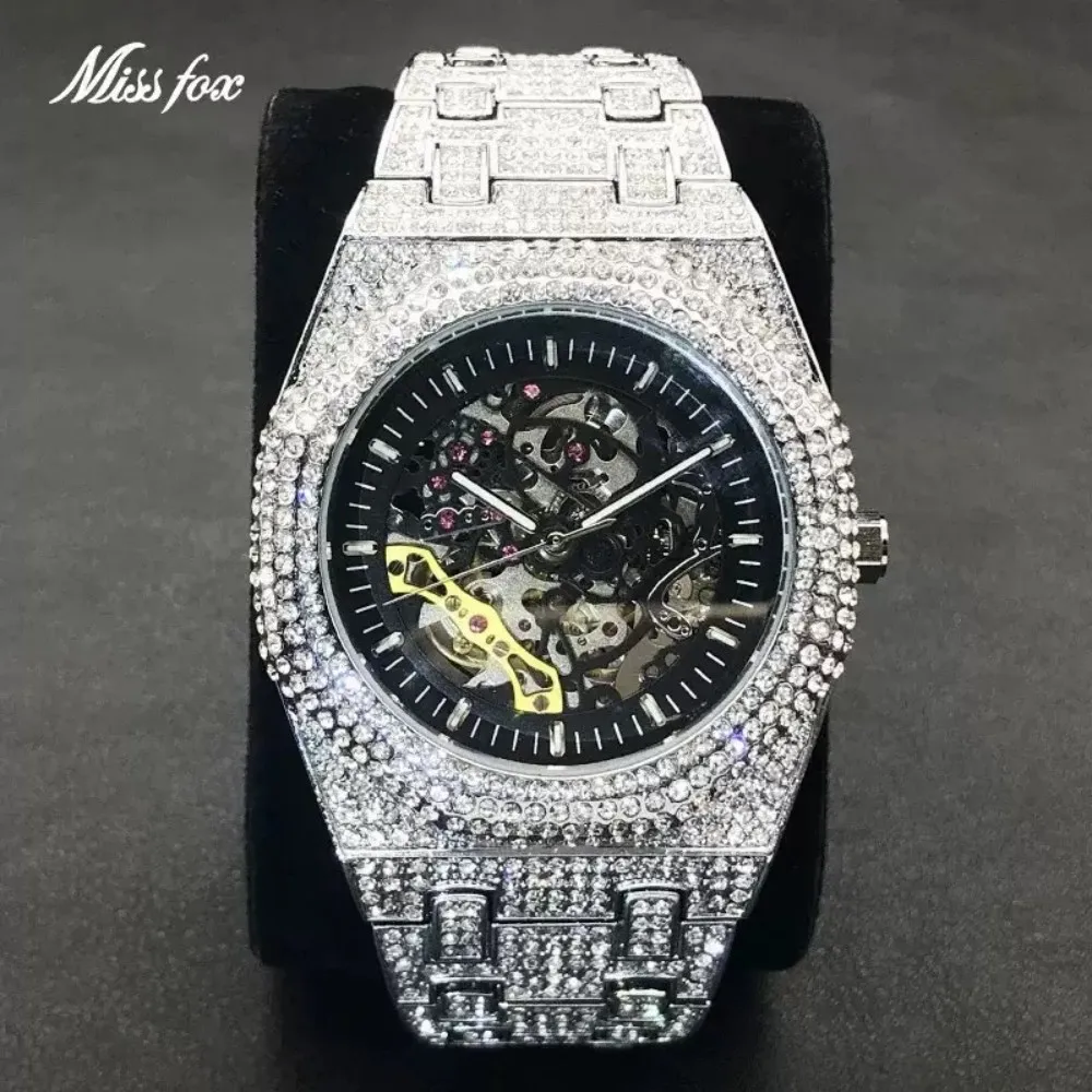 MISSFOX Men Auto Mechanical Watches Full Diamond Skeleton Dial Luxury Iced Out Alloy Steel Luminous Wristwatch Male Party Gift