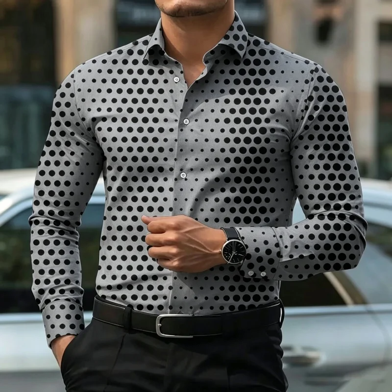Men's Printed Long-Sleeve Shirt Fashion Slim-Fit Button Casual Top