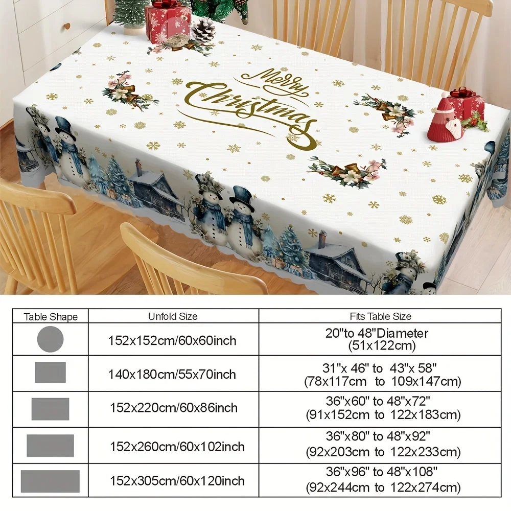 Christmas Snowman Golden Snowflake Waterproof Tablecloth Holiday Party Decor Xmas Tree Rectangle Table Cloth for Table Decor