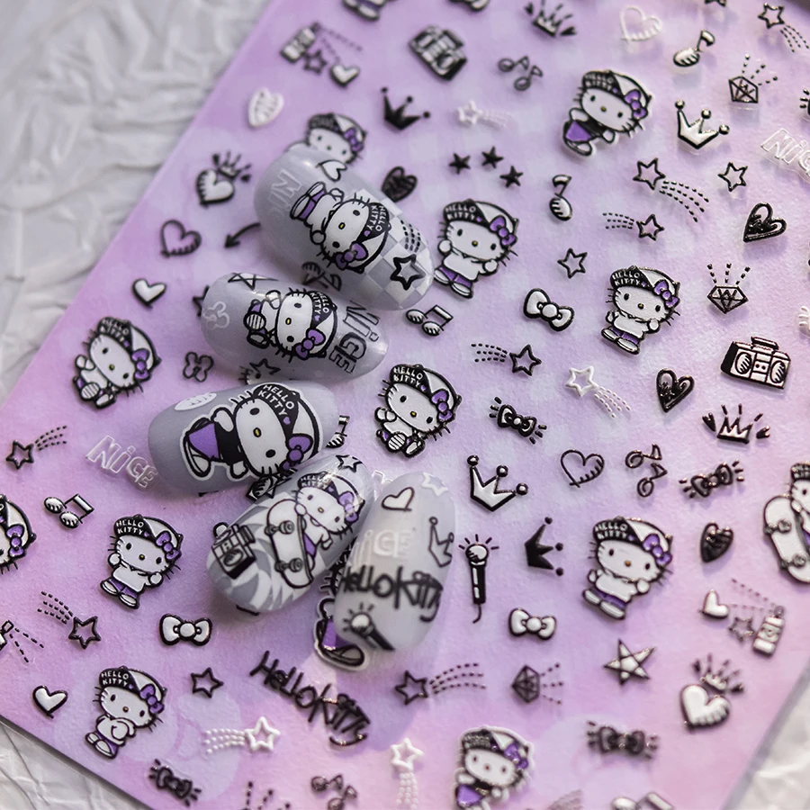 1PCS 5D Embossed Cute Cartoon Stylish design Hello Kitty Nail Stickers Waterproof Self-Adhesive Nail Art Decal Sanrio Nail Parts