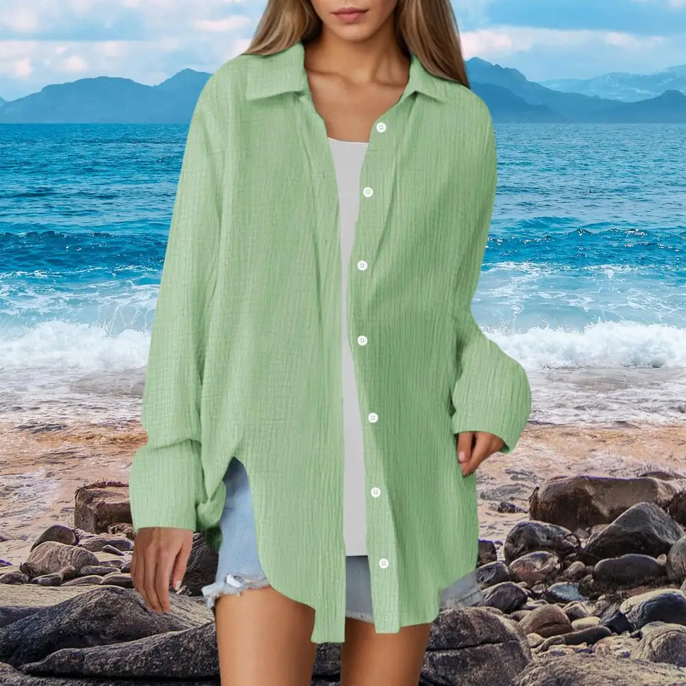 Women Long-sleeve Top Stylish Women's Lapel Long Sleeve Shirt with Button Placket Solid Color Loose Fit Top for Easy Care
