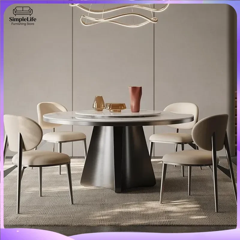 Modern Round Dining Table with Turntable Microcrystalline Stone Top Small Space Apartment Dining Set Marble Look Kitchen