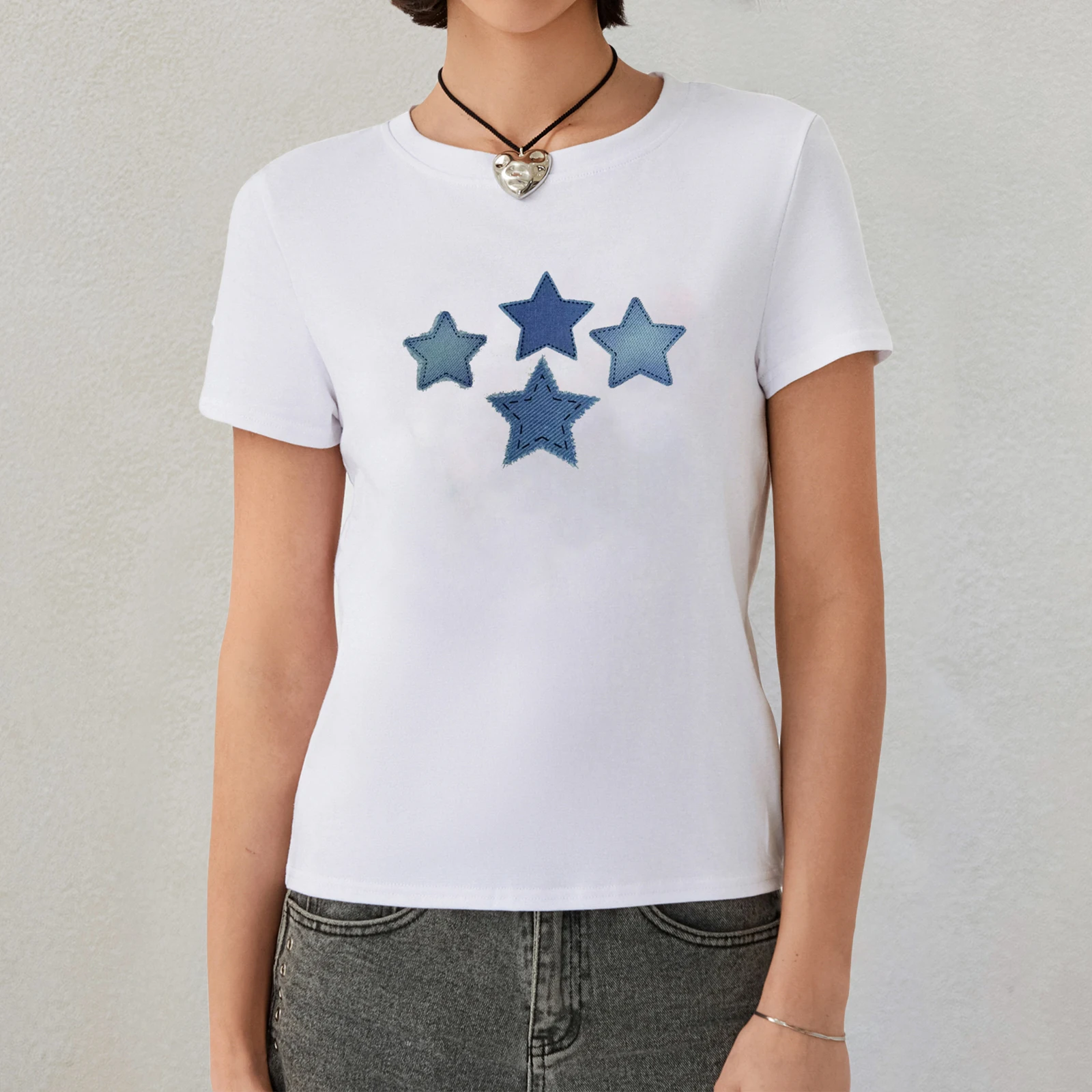 

Women's Crop T-Shirt Casual Star Print Round Neck Short Sleeve Slim Fit Tops for Summer