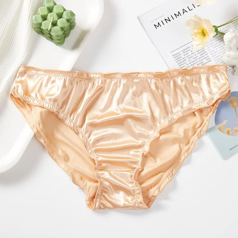 Simple Low Waist Satin Silk Panties Solid Color Thin Ruffles Briefs Underpants Breathable Women's Panties Girl
