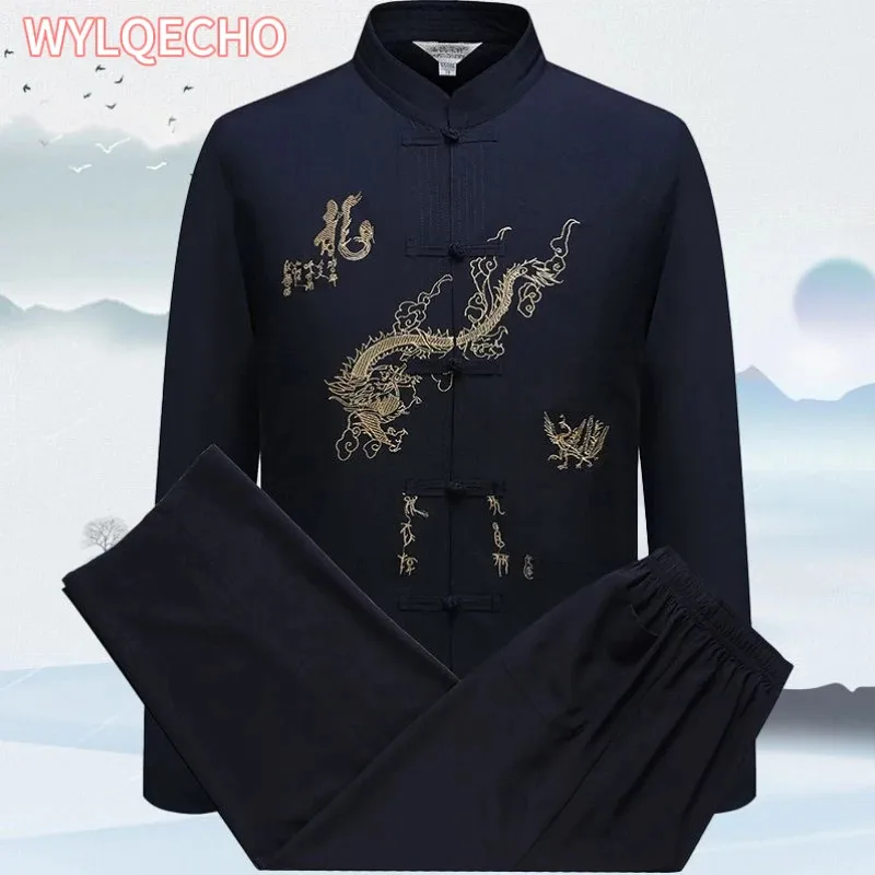 

Chinese Men Cotton Kung Fu Suit Embroidery Wu Shu Uniform Tai Chi Clothing Short Sleeve Shirt+Pant M L XL XXL XXXL