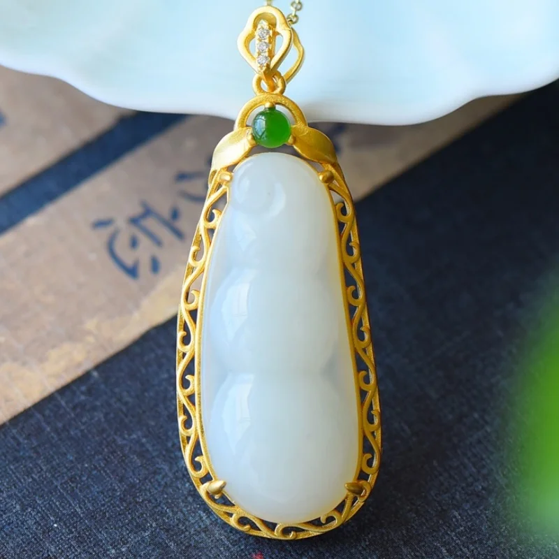 SGARIT Natural Hetian White Jade S925 Silver Inlay Fortune Bean Pendant 17*44mm Ancient Gold-Plated Fine Texture Fashion Jadeite