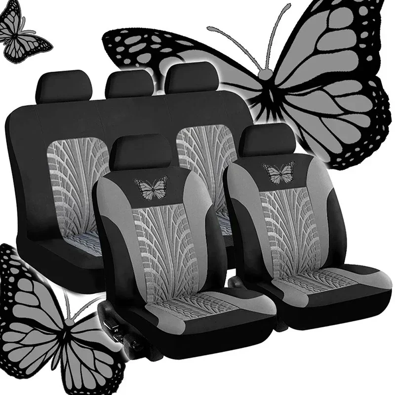 2/4/9-teiliges universelles Autositzbezug-Set – rotes Schmetterlings-Stickdesign – schützt Sitze vor Flecken, verschütteten Flüssigkeiten und Verschleiß – Detail 8