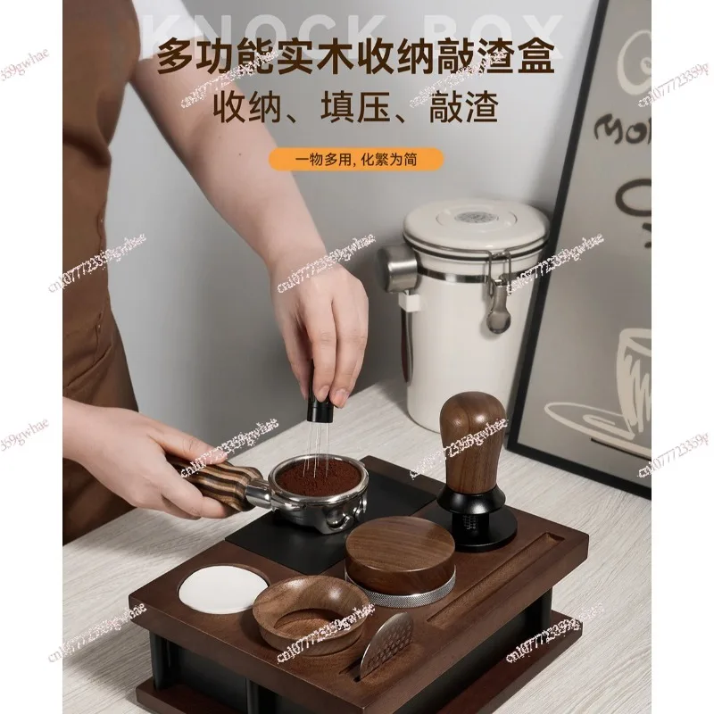 Solid Wood Coffee Tamping Station Multifunctional Espresso Base Storage Rack Round Corner Coffee Knock Box Organizer Stand