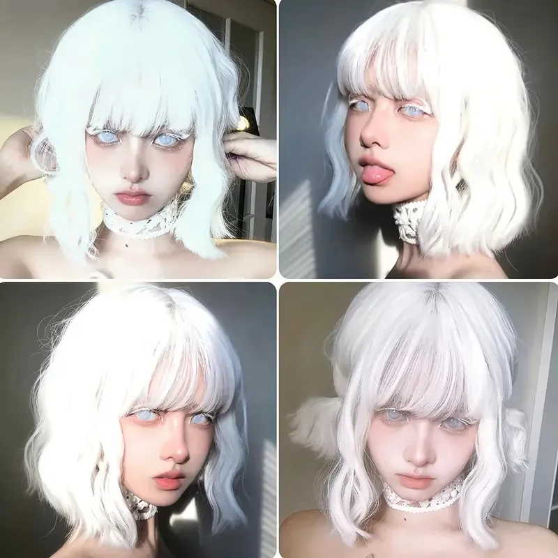 Silver White Short Roll Synthetic Wig Lolita Can Beveled Mid-split Fashionable Water Wave Curly Wig Women's Wig image 3