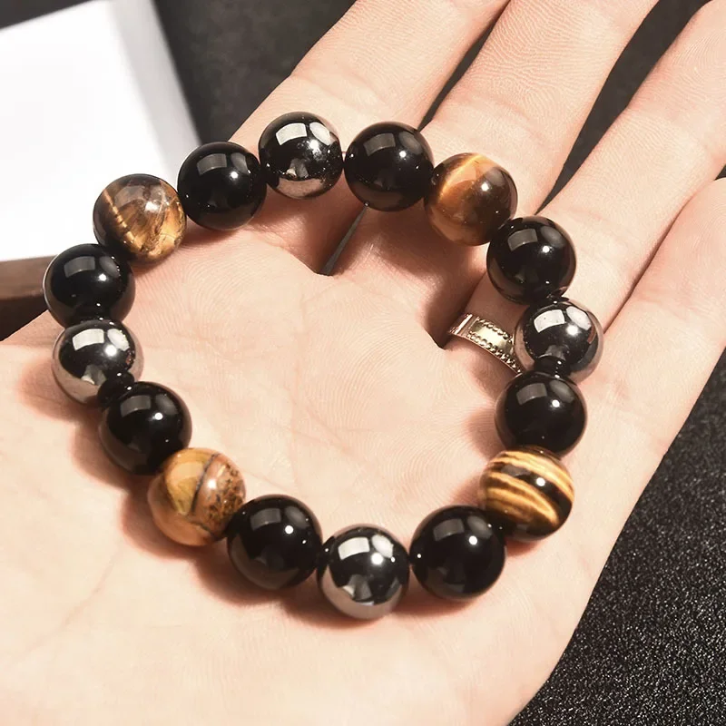 Tiger eye Stone Bead Bracelet For Men And Women 12MM Hematite Obsidian Stone Stretch Bracelet Handmade Jewelry Gift