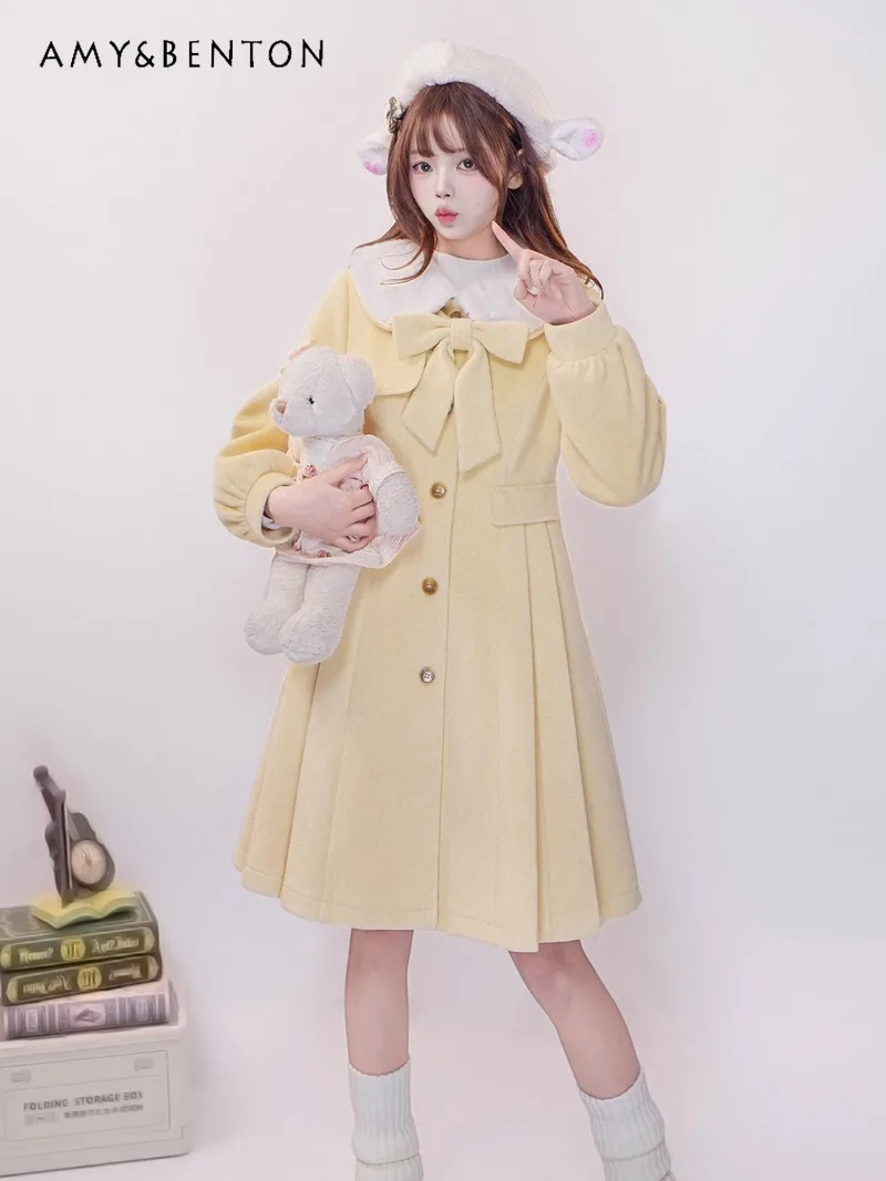 

Оригинальная японская униформа JK, элегантная юбка средней длины с бантом и воротником, шерстяное пальто, осень-зима, милое милое плиссированное шерстяное пальто для женщин