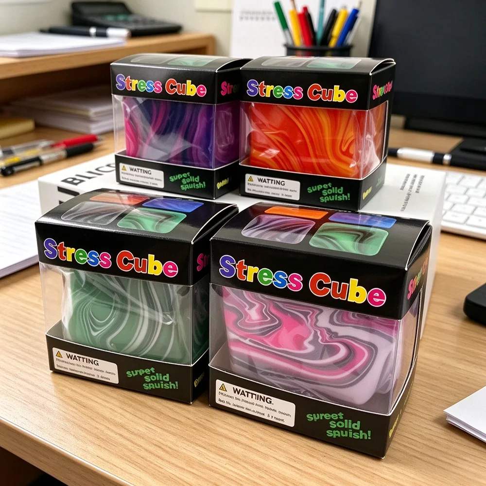 Marble Pattern Stress Cube Squishy Fidget Toy Solid Squeeze Cube Toy Colorful Swirl Stress Relief Decompression Toy With Gift