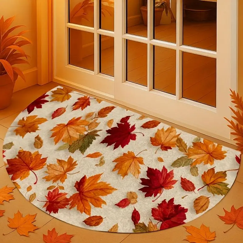 VIKAMA Half Round Fall Doormat Maple Leaf Autumn Welcome Mat Non Slip Flannel Floor Rug for Front Door Entryway Thanksgiving
