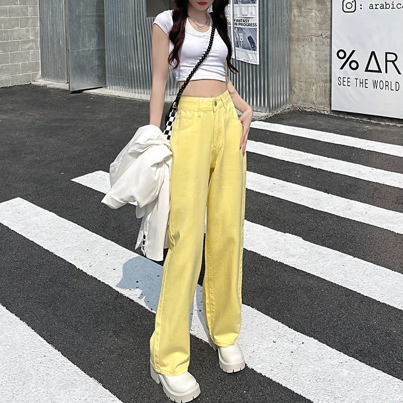 Yellow High-Waisted Jeans Women's Loose-Fit Straight-Leg Summer Thin Petite Fashionable Trousers Wide-Leg Draped Floor Pants