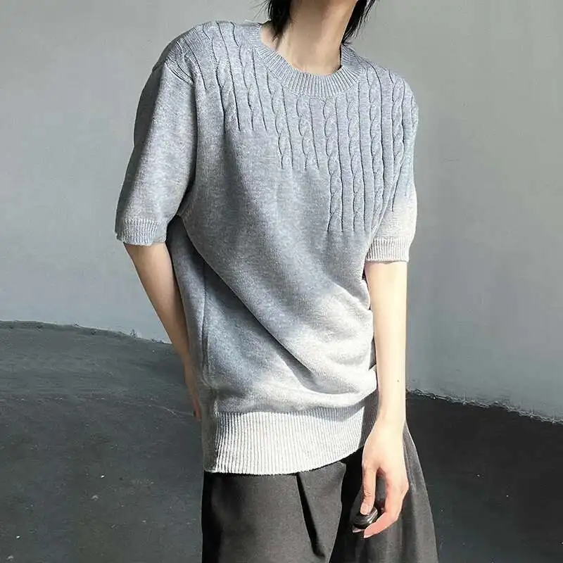 Новые мужские простые футболки Twist Knittng, однотонные повседневные мужские футболки с круглым вырезом и короткими рукавами, свободный пуловер, мужские футболки 5VA8