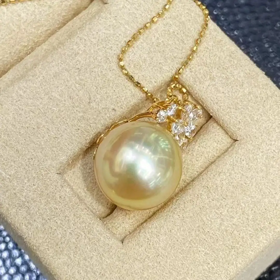 

Solid Yellow 18K Gold 12-13mm Natural Salt Water Sea Gold Pearl Pendants for Women Fine Jewelry Holiday's Presents