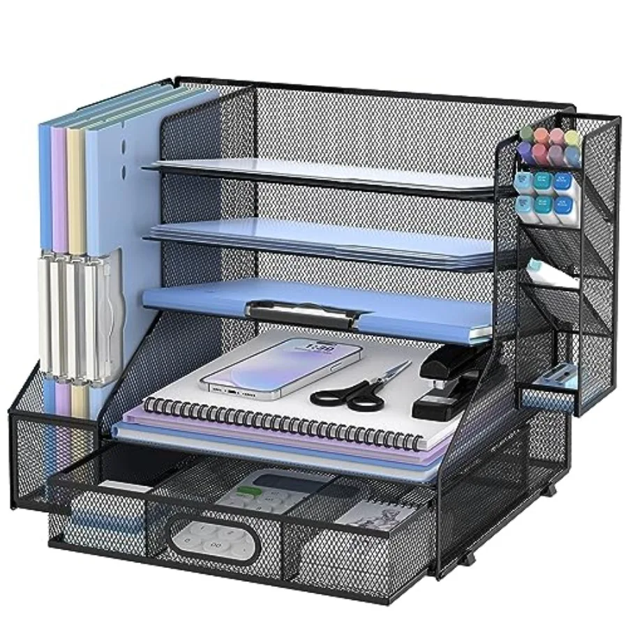 

Desk Organizer with File Holder 5-Tier Mesh Paper Letter Tray and 3 Tilted File Sorter for Office Supplies Black