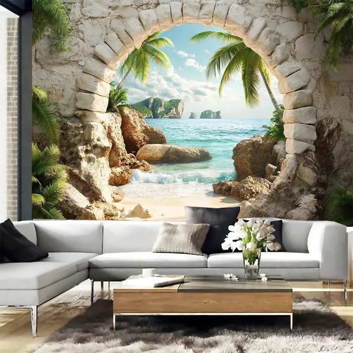 Beach Decor Tapestry Ocean Sea Tropical Island Palm Tree Scenic View From Window Summer Tropical Scenery Wall Hanging Nature