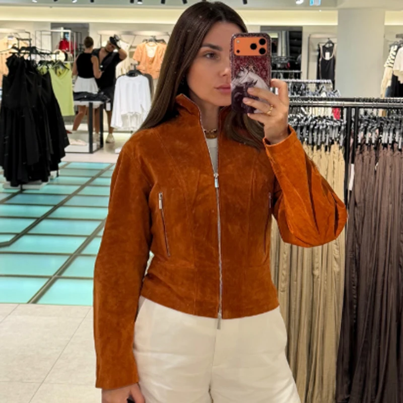 HXAO Damen-Jacke aus Kunstwildleder, kurze Jacke, Herbst 2026, modisch, orange, langärmelig, Stehkragen, Reißverschluss, schmale Passform, schicke Oberbekleidung, Top – Detail 9