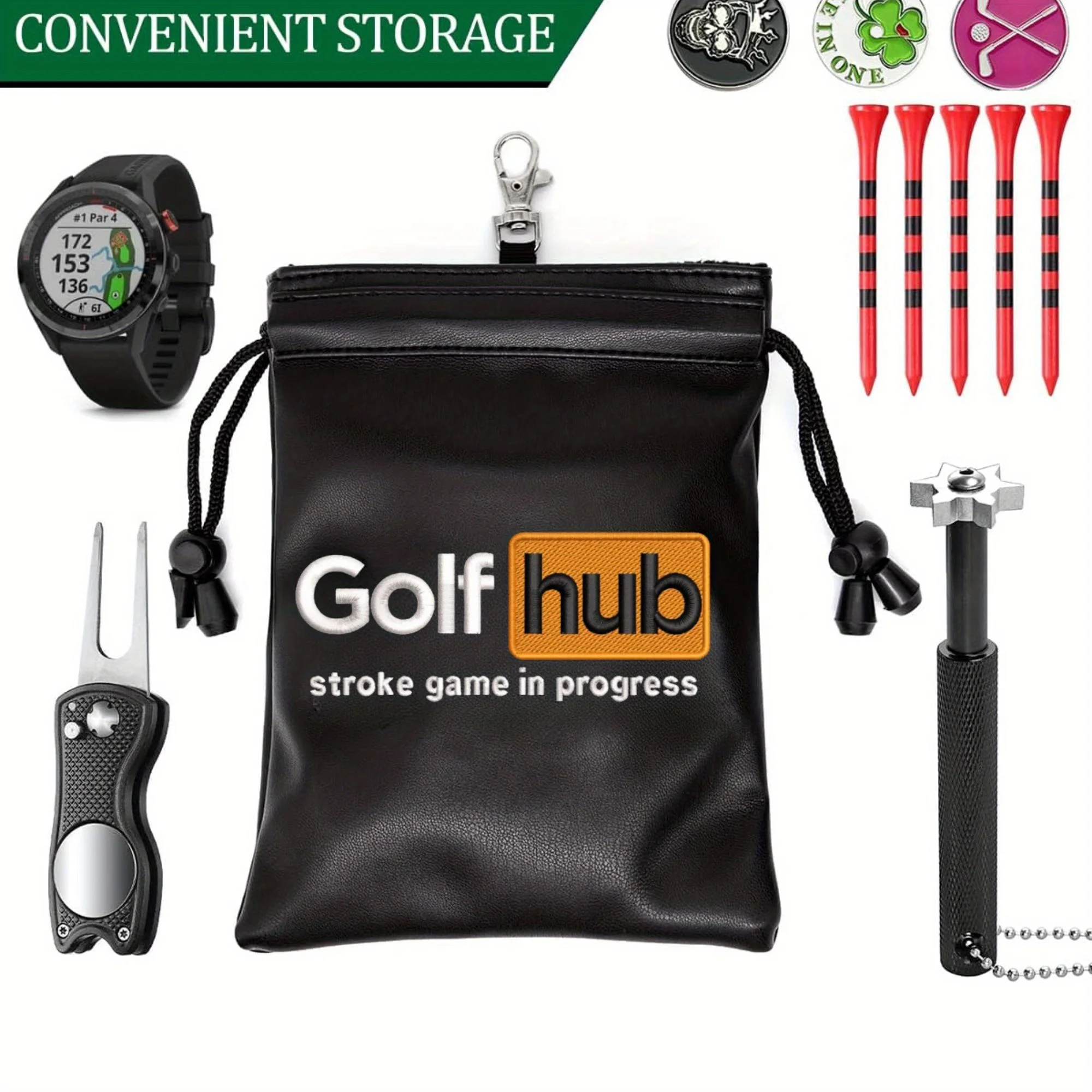Golf Hub Durable, PU Leather Golf Tee Pouch with Drawstring Closure  Portable Ball Pouch, Accessories for Men Golfers