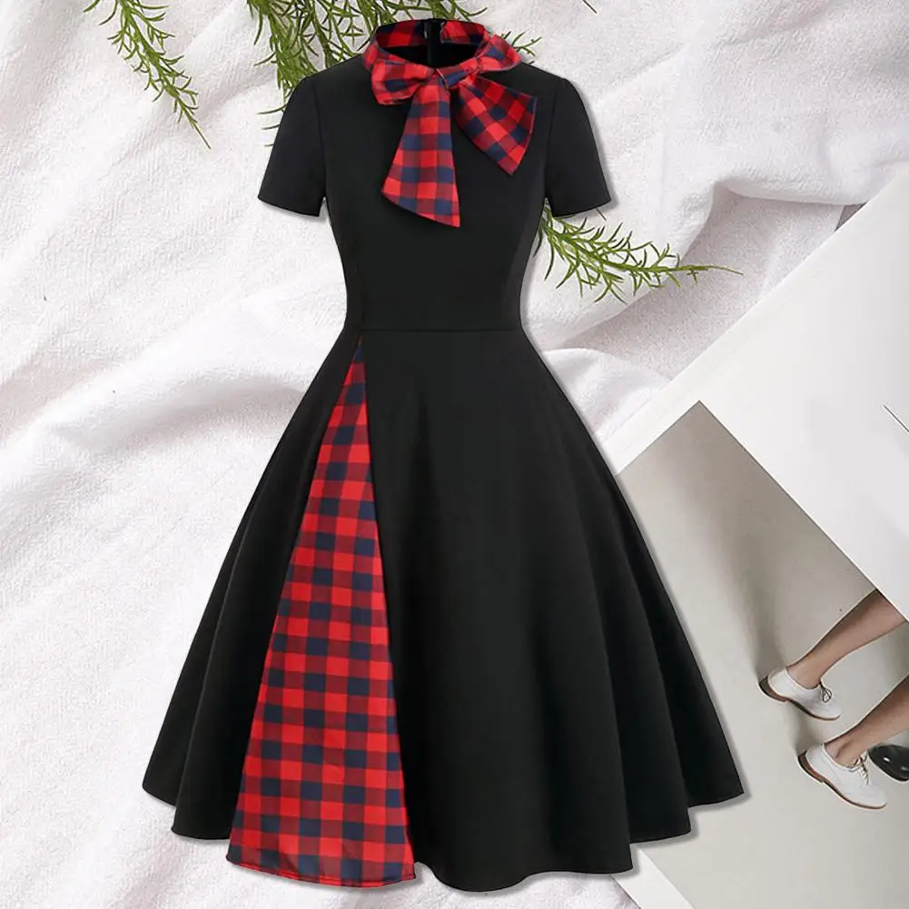 

Women Dress Plaid Patchwork Stand Collar Bow Short Sleeve Checkered Mid Waist Party Dress Vintage Large Hem Zipper Formal Dress