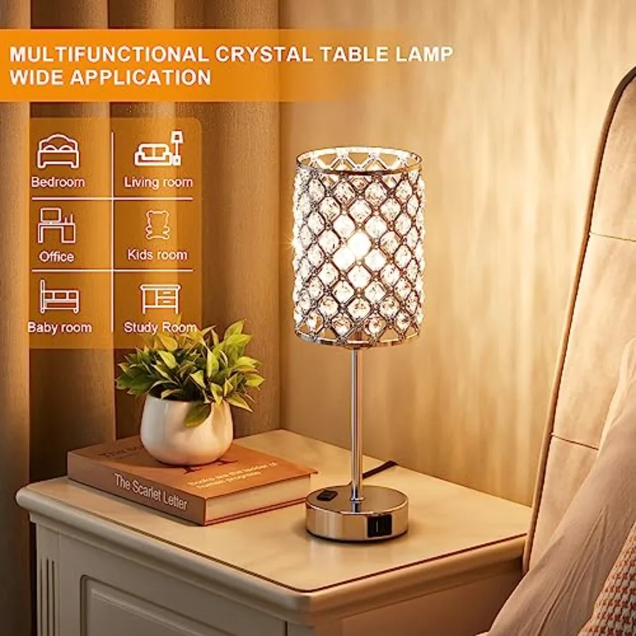 Table Lamps for Bedroom Set of 2-Crystal Table Lamp with USB C+A Ports and AC Outlet Sliver Nightstand Touch Lamp with 3-Way Di
