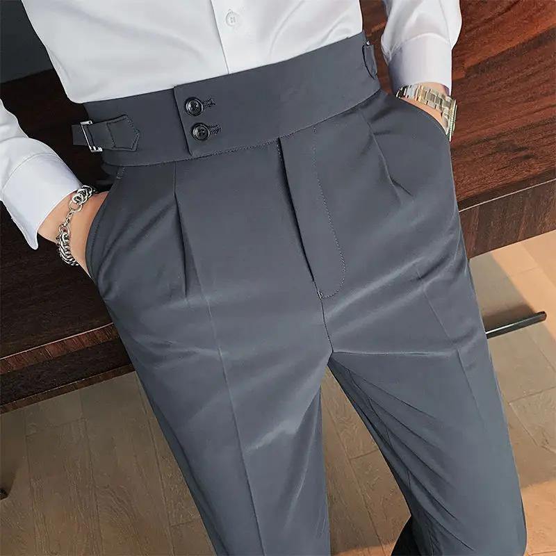 Pantalones de traje rectos con bolsillos fruncidos para hombre, traje informal Formal de negocios, Color sólido, cintura alta, botón, cremallera, primavera y verano, 2024