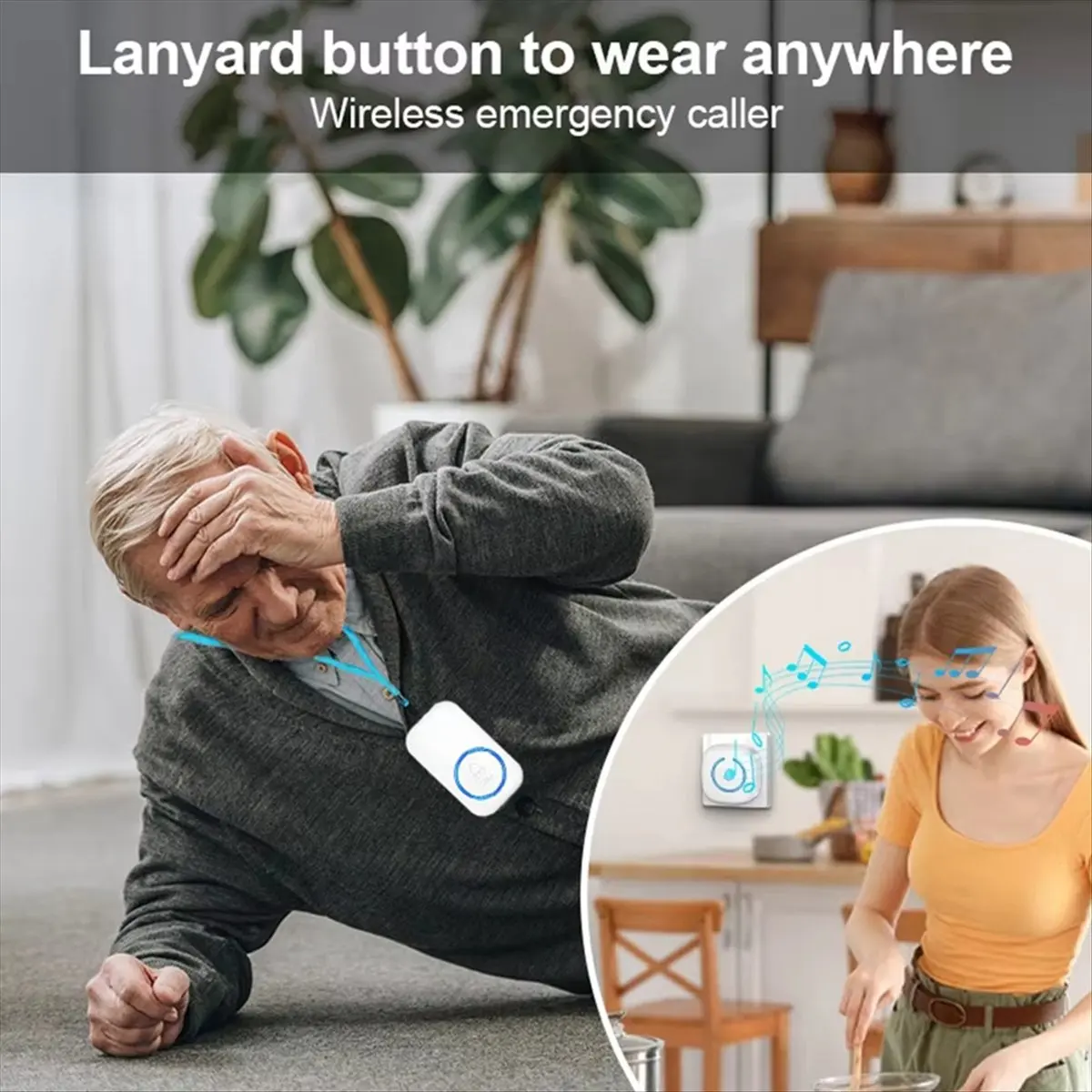 SCLS Wireless Lanyard Button Call Pager Emergency SOS Pager Emergency Call Button for Kids Elderly Call System White EU Plug