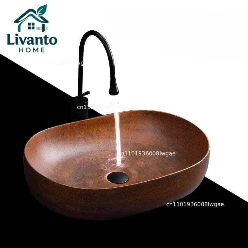 

American Retro Sinks for Toilets Art Ceramic Oval Single Hole Basin Creative Minimalist Commercial Bathroom Sink for Hotels