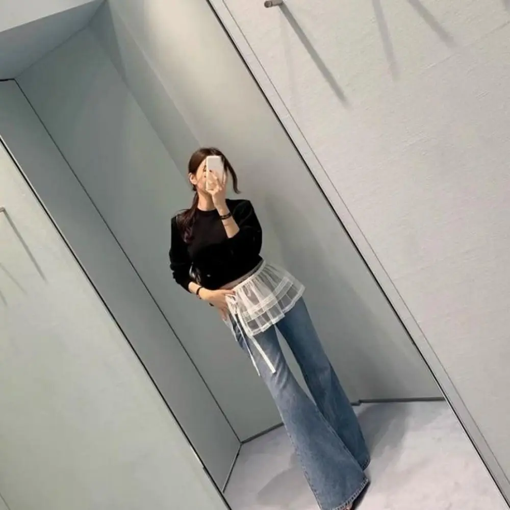 Rok Mini Renda Balletcore Manis Gaya Y2k Rok Pendek Berumbai Motif Bunga Pinggang Tinggi Model Butt Curtain Streetwear