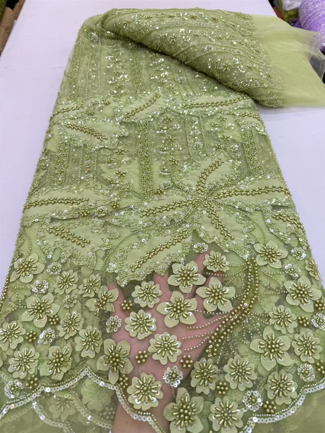 

2025 Fashion Elegant French 3D Flowers Embroidery Mesh Bead Lace Fabric African Nigerian Sequin Fabric For Wedding Dress