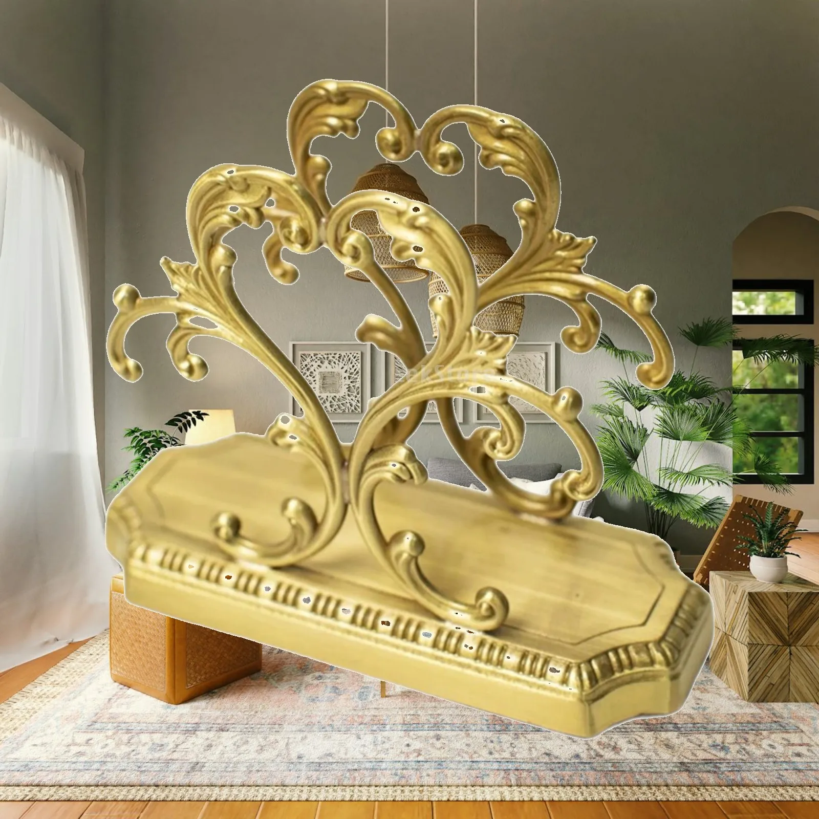 Stylish Gold Napkin Holder for Vanity Area Brass Material with Floral Scrollwork and Curved Legs