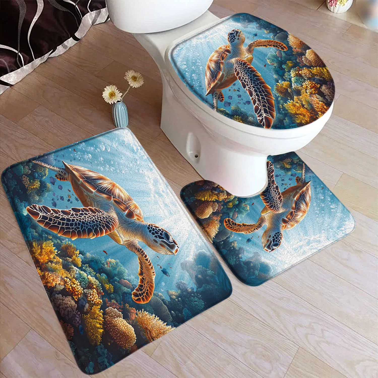 

Набор ковриков для ванной с океаном, морской черепахой, коралловой рыбой, морские животные, подводный пейзаж, украшение для дома, ванной комнаты, нескользящие коврики, чехол для унитаза