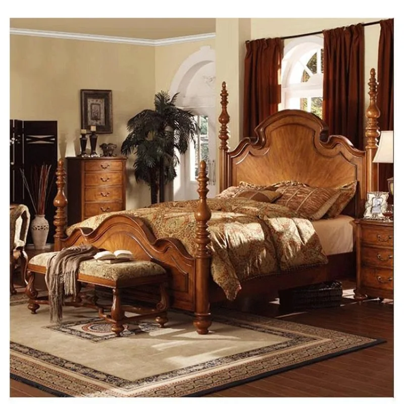 American Roman column oak solid wood bed 1.8 double bed retro European simple pillar wedding bed