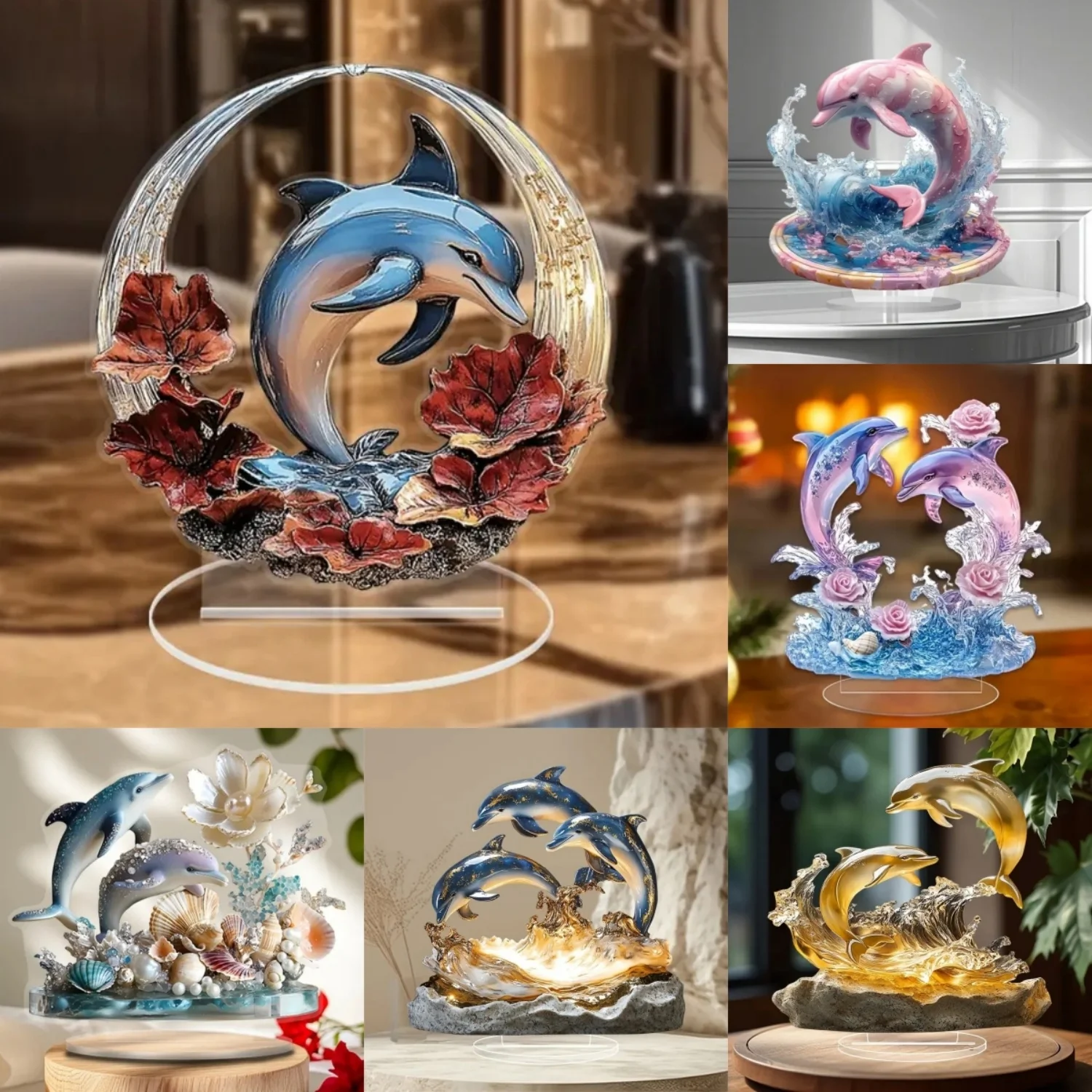 2D Flat Acrylic Romantic Dolphin Statue,marine Organism Home,Office,Cafe,room,Studio,Table Ornament Desktop Decor Kit