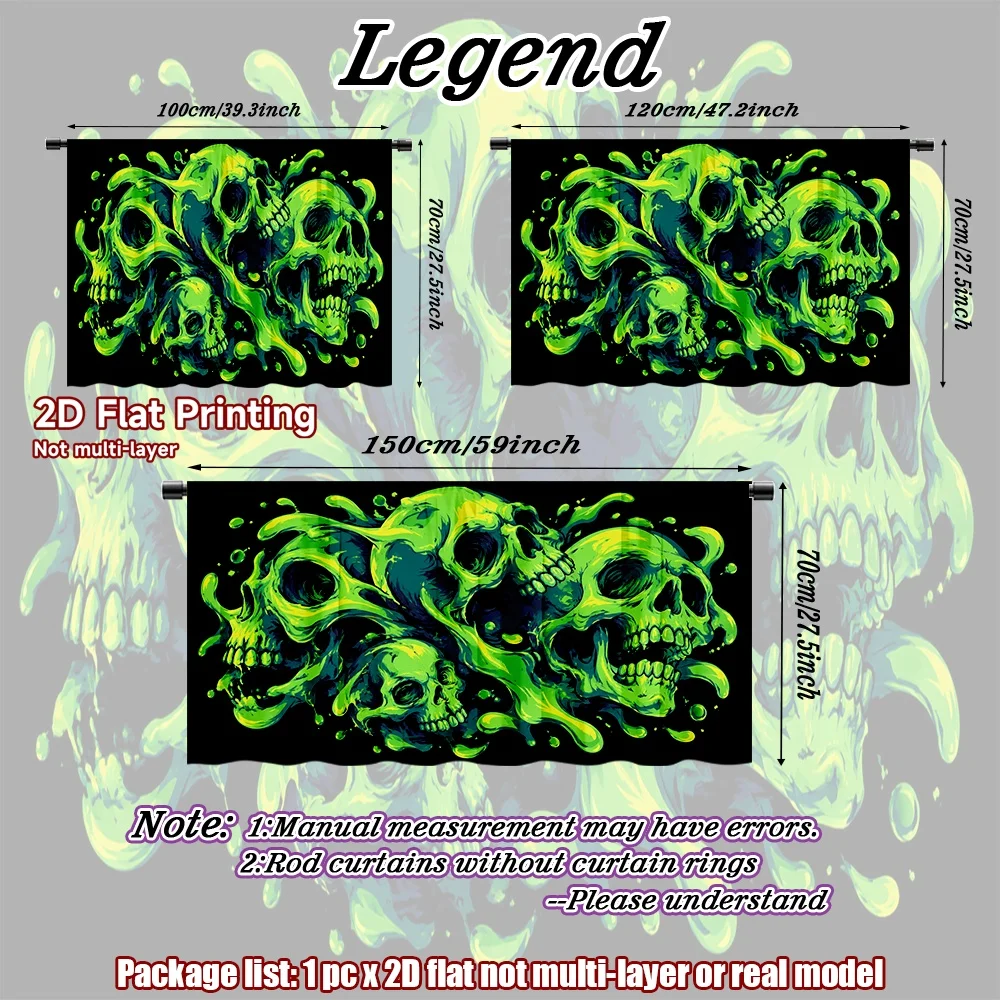 2D flat 1pc Bohemian style short curtains Neon Green Skulls Cluster Digital printing Rod-style wardrobe curtains, suitable for