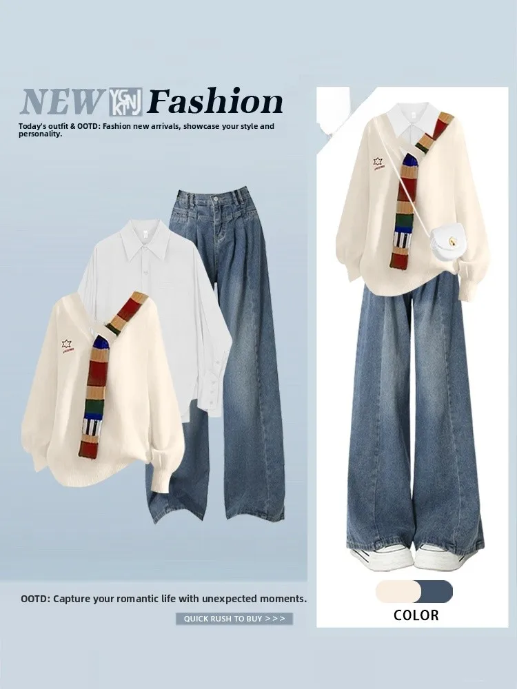 

Faionable Knitted Sweater irt And Jeans Tee-Piece Set Women's Korean Sle Autumn Winter Ensemble Age-Defng Versatile