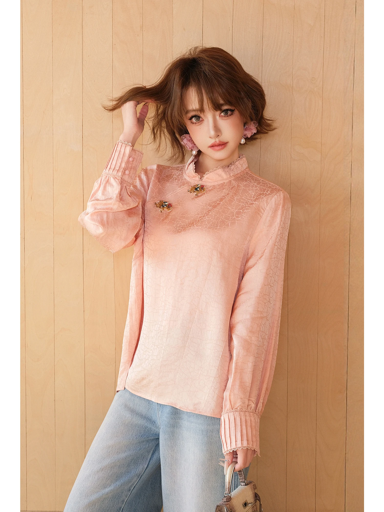 

MIUCO Chinese Sle Satin irt Stand Collar Embroidered Bead Diamond Insertion Floral Print Long Sve Women's Casual Top