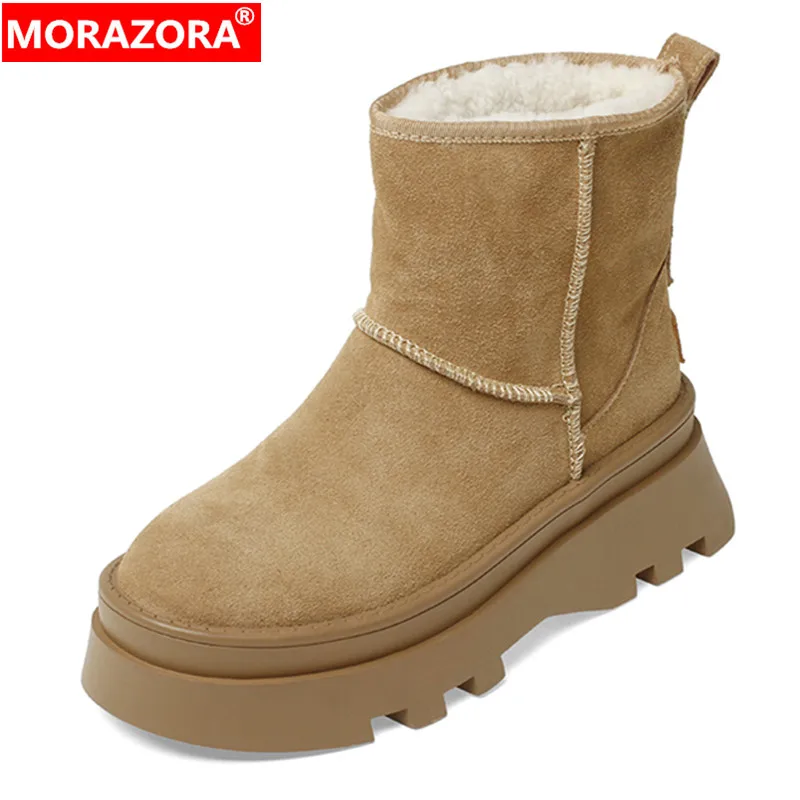 

MORAZORA 2024 New Slip On Ladies Platform Ankle Boots Cow Suede Warm Winter Boots Woman Concise Wool Blend Snow Boots