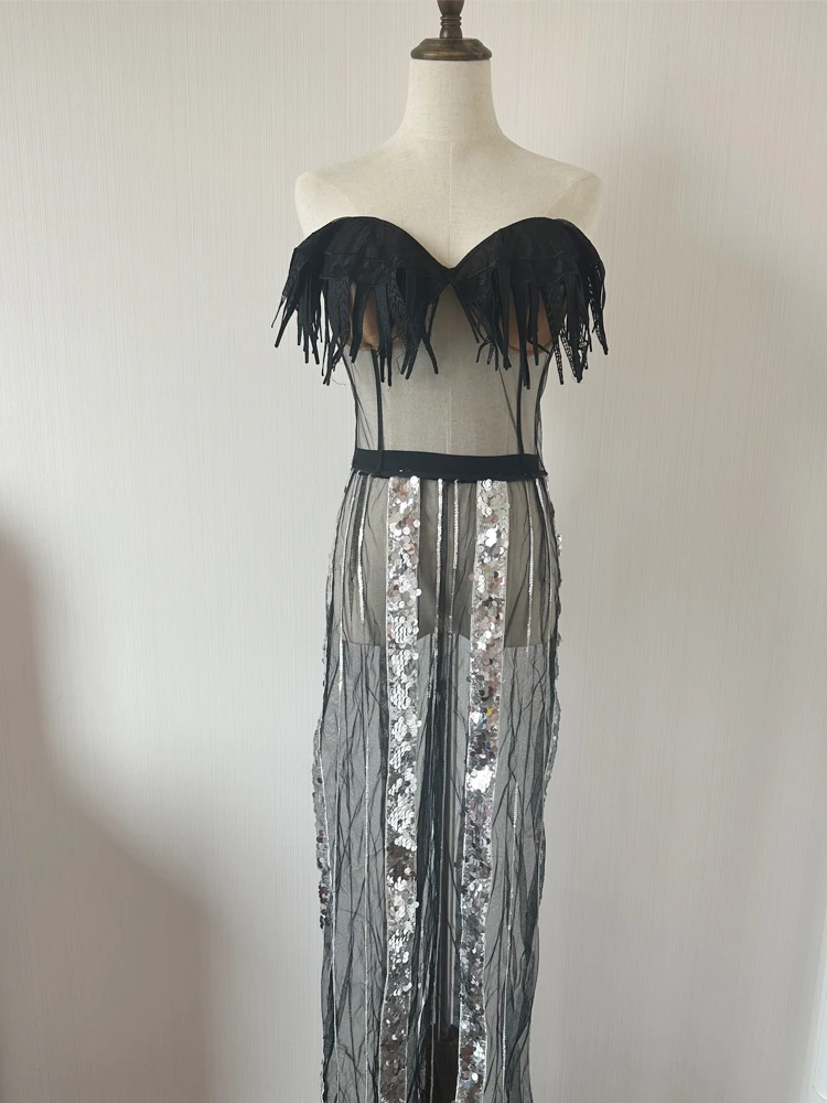 Shiny Silber Pailletten Schwarz Sexy Mesh Perspektive Pailletten Bh Overall Sänger Tanz Kleidung Leistung Kostüm Drag Queen Tragen