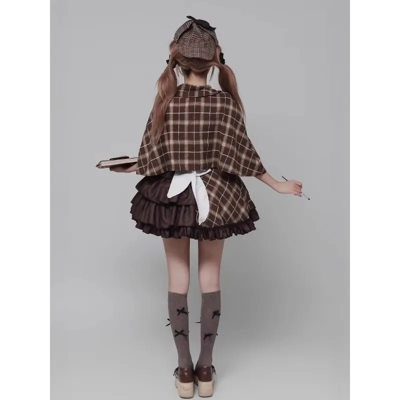 FallenVex Store Women Detective Maid Cosplay Costume Plus Size Plaid Dress with Cape Apron for Halloween Comic Role Play
