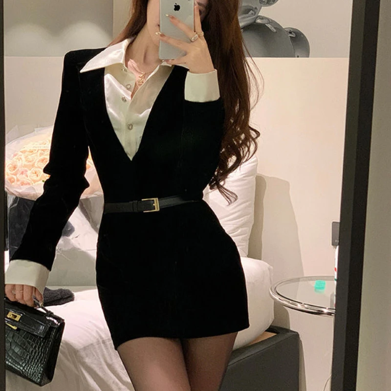 Long-sleeve Dress Women Office Lady Patchwork Fake 2 Pcs Defined Autumn Leisure Lapel Chic Designed Cool Temperament Korean Hot