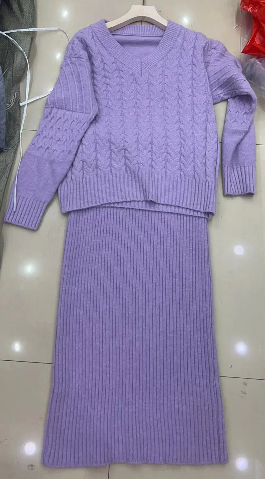 투피스 케이블 니트 드레스 세트 여성용 매칭 세트 솔리드 V넥 풀오버 발목 길이 엘라스틱 웨이스트 스커트 2025 가을 겨울