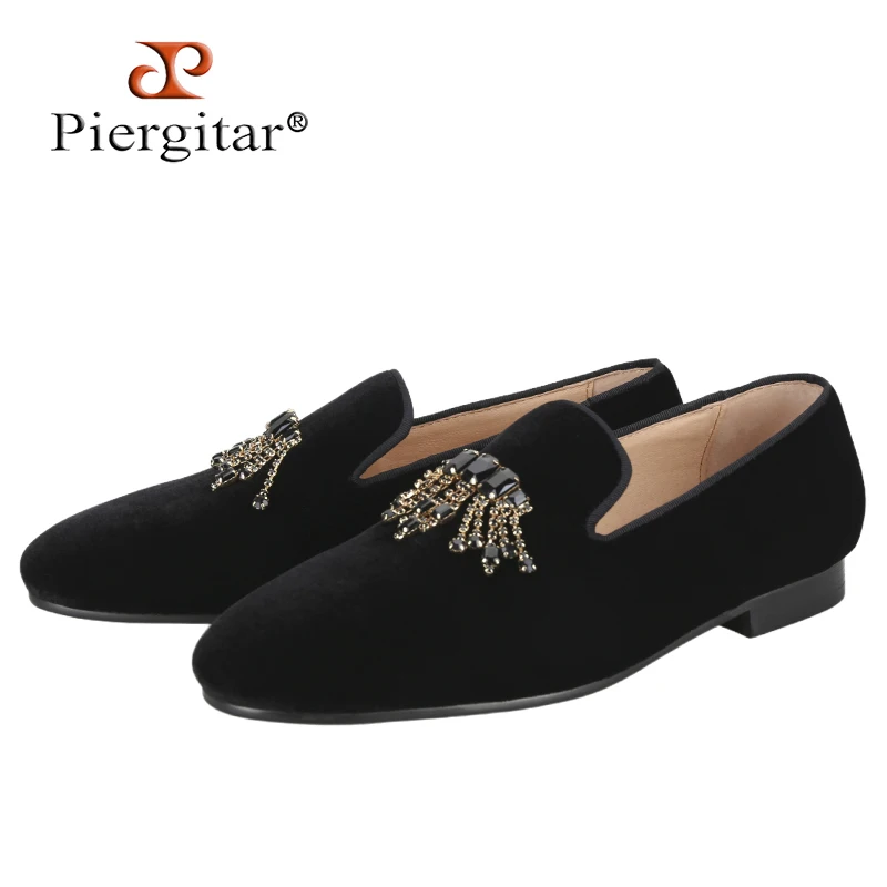 Piergitar Black Color Men Velvet Shoes With Handmade Rhinestones Buckle For Party And Wedding Wear Classic Model Slip-On Loafers