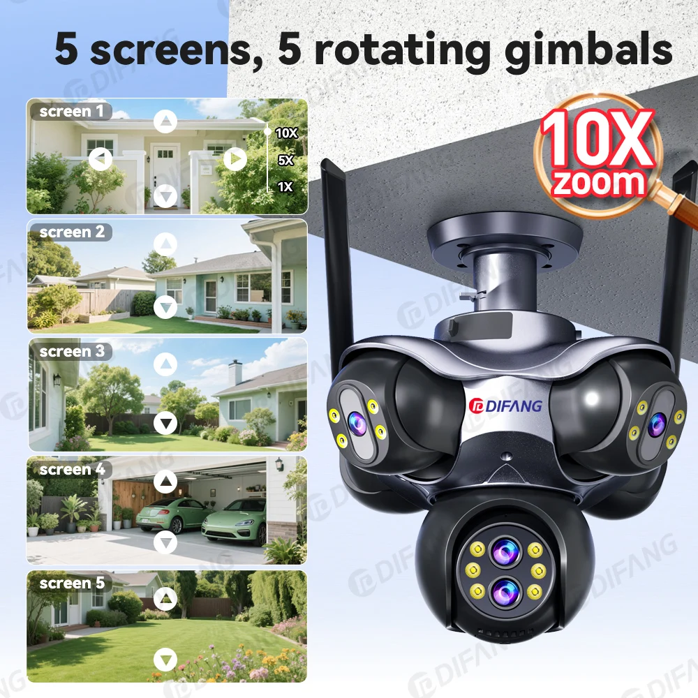 30MP WiFi Security Camera 10X Zoom 6 Lens 5 Screen PTZ Outdoor IP Surveillance Cameras PIR Human Detection Auto Tracking CCTV